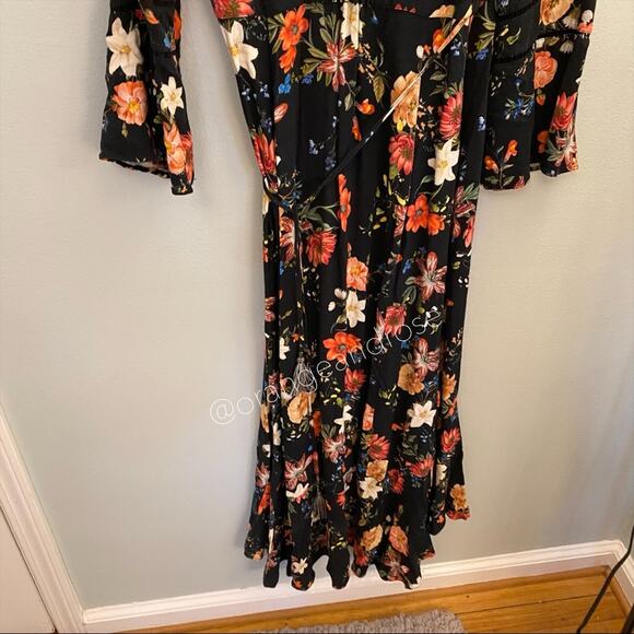 FARM Rio Brazil Black Floral Wrap Front Long Sleeve Maxi Dress Tropical XS - Picture 11 of 16